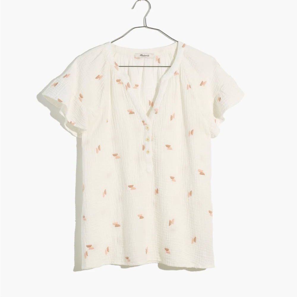 Madewell embroidered lightspun ruffle sleeve henley top xxs